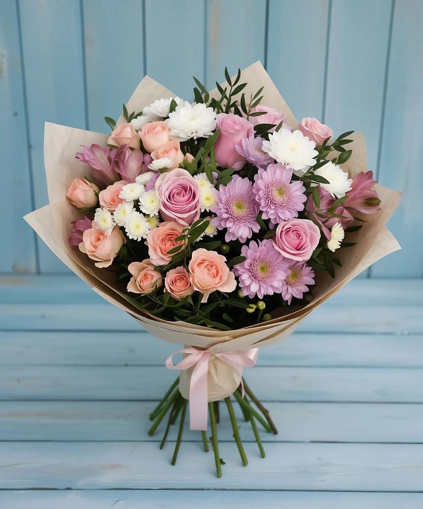 Букет цветов из: Хризантемы, Розы и Альстромерии в Петровское Щелковского района