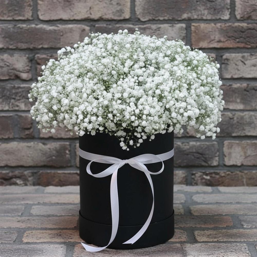 Цветочная композиция из Гипсофила в шляпной коробке в Петровское Щелковского района