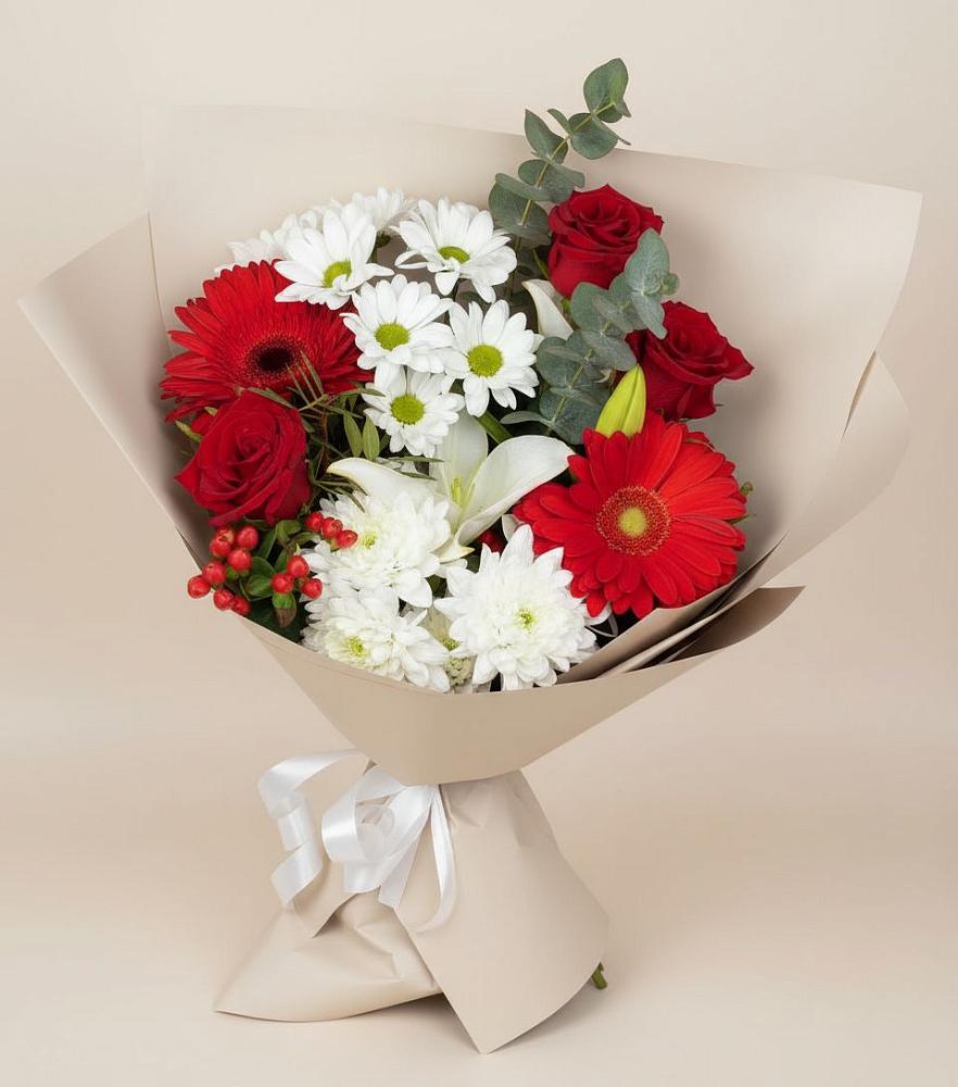 Букет цветов из: Розы, Хризантемы, Герберы и Лилии в Петровское Щелковского района