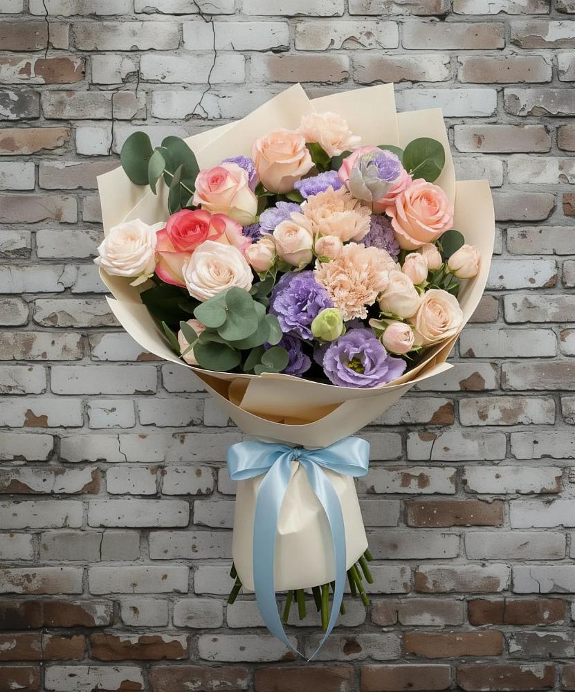 Букет цветов из: Розы, Лизиантусы и Гвоздики в Петровское Щелковского района