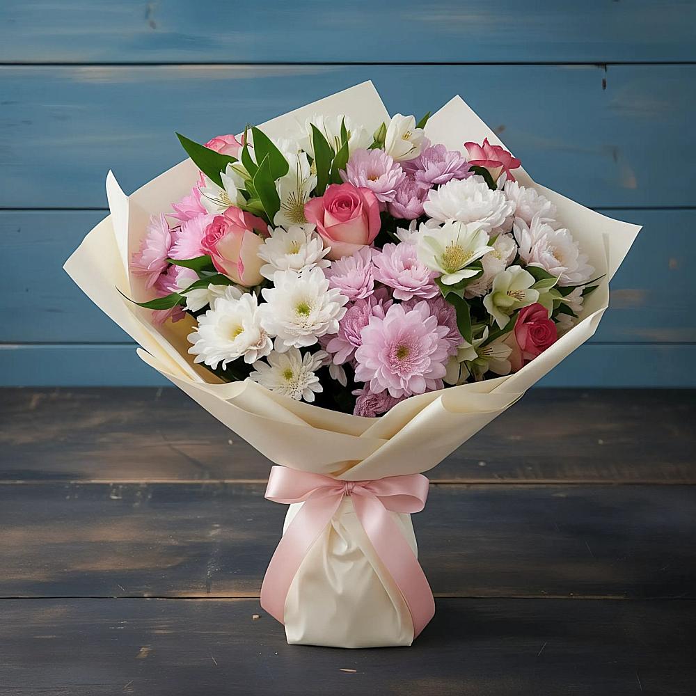 Букет цветов из: Хризантемы, Альстромерии и Розы в Петровское Щелковского района